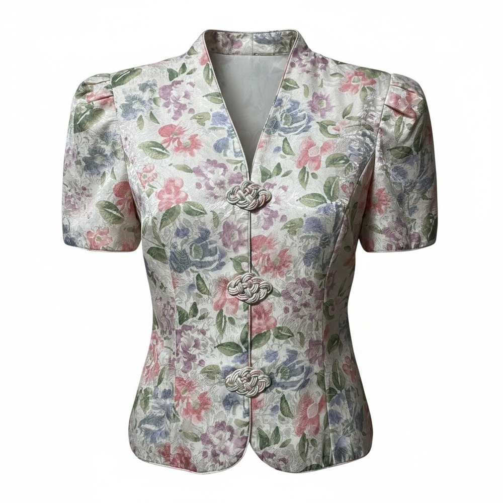 Vintage Y2K Blazer Top Women 8 Pink Floral Silk Jacquard Frog Knot Cottagecore